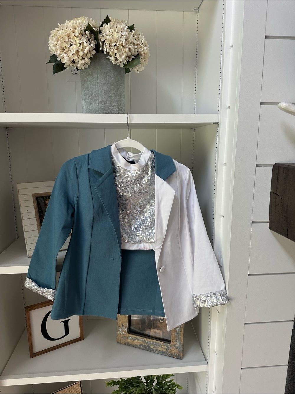 Small Adult Dance Costume Two-Tone Teal & White Sequin Blazer Set